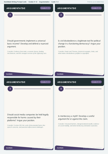 Argumentative Writing Prompt Cards | Grades 9-12 | IB DP