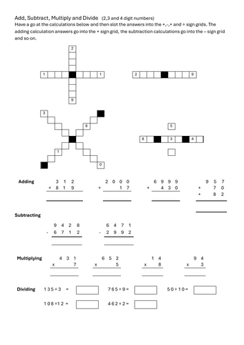 End of term activities Arithmetic Puzzles- 2,3 and 4 digit numbers