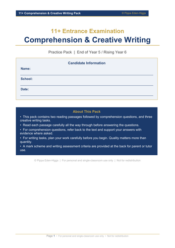 11+ Comprehension & Creative Writing Practice Pack