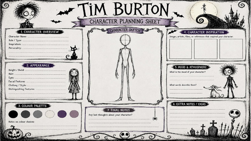 Tim Burton KS3 Art Planning Sheets Pack | Character, Environment & Final Piece Planning