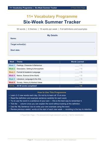 11+ Vocabulary: Six-Week Summer Tracker