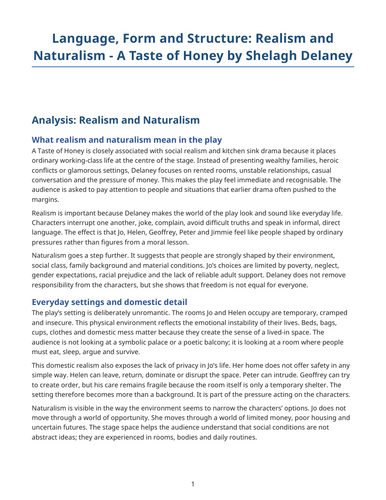 A Taste of Honey – Shelagh Delaney – Realism and Naturalism