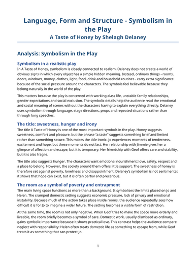 A Taste of Honey – Shelagh Delaney – Symbolism in the Play