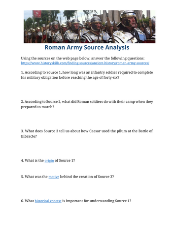 Ancient Roman Army Source Analysis Worksheet