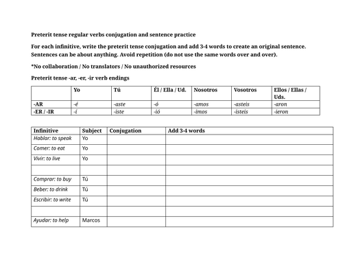 Preterit tense regular verbs conjugation and sentence practice