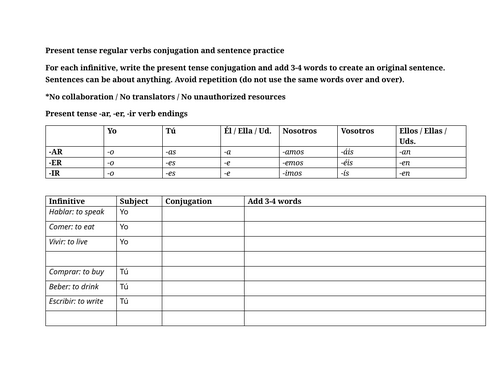Present tense regular verbs conjugation and sentence practice