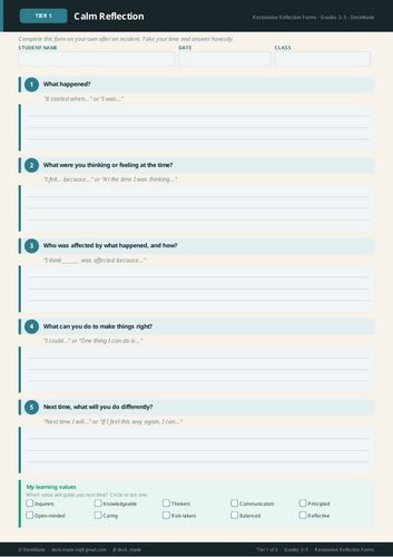 Restorative Reflection Forms | Grades 3-5 | Behaviour | SEL