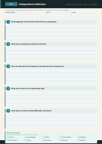 Restorative Reflection Forms | Grades 6-8 | Behaviour | SEL