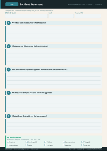 Restorative Reflection Forms | Grades 9-12 | Behaviour | SEL