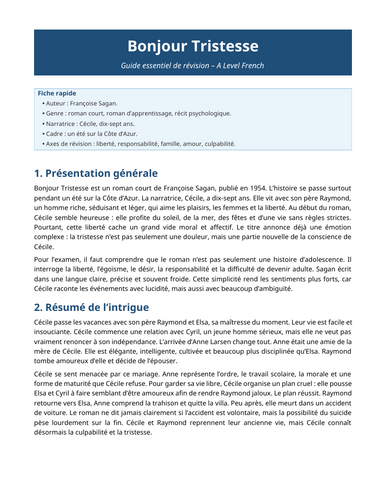 Bonjour Tristesse - Françoise Sagan – Essential Revision Guide