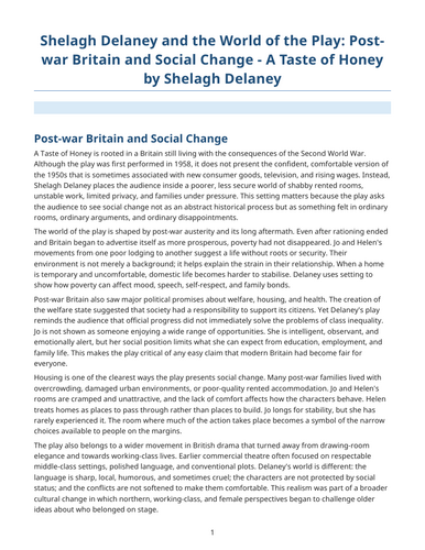 A Taste of Honey – Shelagh Delaney – Post-war Britain and Social Change