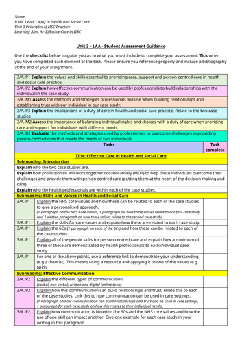 AAQ Health and Social Care - Pearson BTEC L3 Unit 3 - LAA Guidance notes for coursework