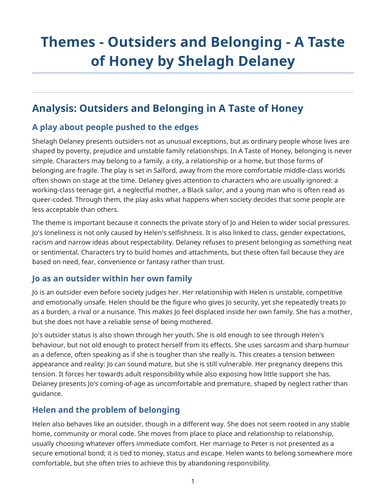 A Taste of Honey – Shelagh Delaney – Themes: Outsiders and Belonging