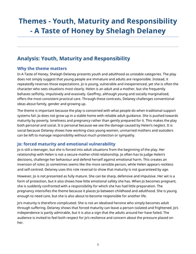 A Taste of Honey – Shelagh Delaney – Themes: Youth, Maturity and Responsibility