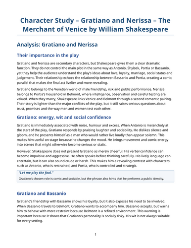 The Merchant of Venice – William Shakespeare – Character Study: Gratiano and Nerissa