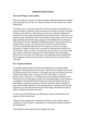 Dystopian Fiction Extracts Worksheet