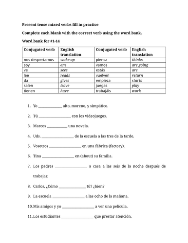 Present tense mixed verbs fill in practice