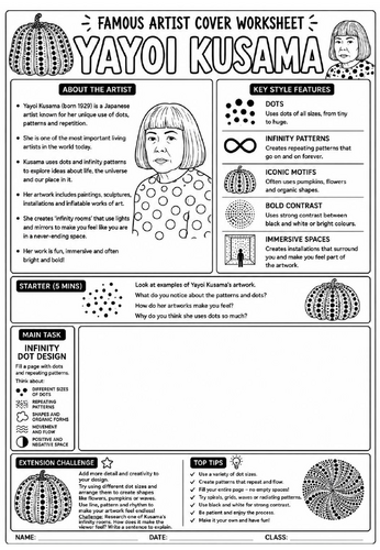 Yayoi Kusama Cover Lesson | KS3 Art Cover Work Worksheet | Dots & Pattern Design Activity