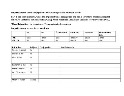 Imperfect tense verbs conjugation and sentence practice with clue words
