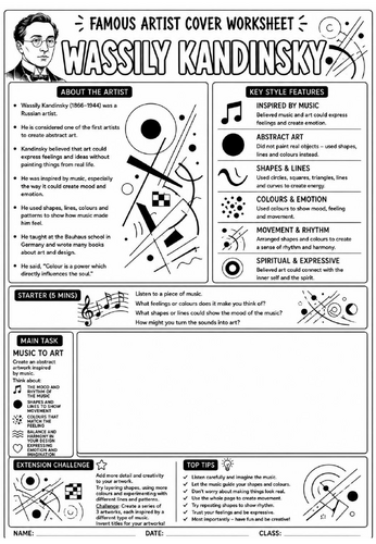 Wassily Kandinsky Cover Lesson | KS3 Art Cover Work Worksheet | Music to Art Abstract Drawing