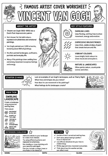 Vincent van Gogh Cover Lesson | KS3 Art Cover Work Worksheet | Swirling Landscape Drawing Activity