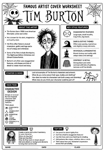 Tim Burton Cover Lesson | KS3 Art Cover Work Worksheet | Character Design Drawing Activity