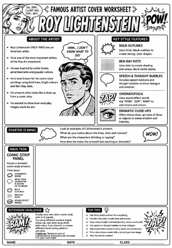 Roy Lichtenstein Cover Lesson | KS3 Art Cover Work Worksheet | Comic Strip Panel Drawing Activity