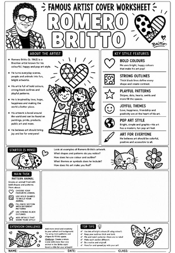 Romero Britto Cover Lesson | KS3 Art Cover Work Worksheet | Pattern Animal Drawing Activity