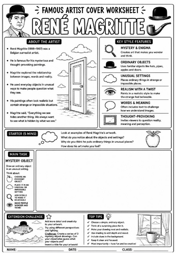 René Magritte Cover Lesson | KS3 Art Cover Work Worksheet | Mystery Object Drawing Activity