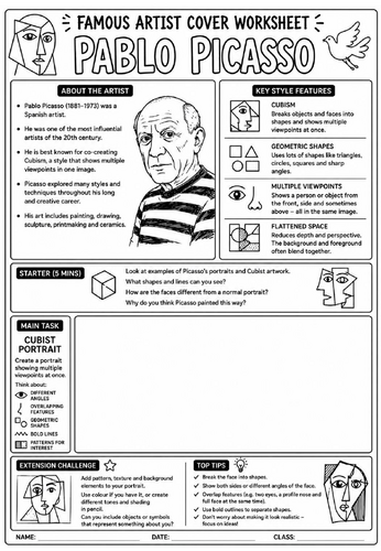Pablo Picasso Cover Lesson | KS3 Art Cover Work Worksheet | Cubist Portrait Drawing Activity
