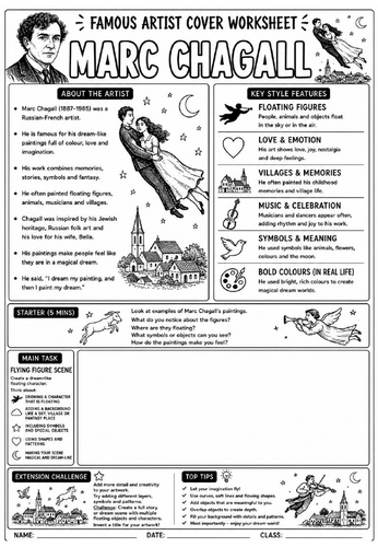 Marc Chagall Cover Lesson | KS3 Art Cover Work Worksheet | Flying Figure Scene Drawing Activity