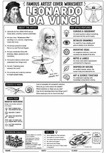 Leonardo da Vinci Cover Lesson | KS3 Art Cover Work Worksheet | Inventor Sketchbook Design Activity