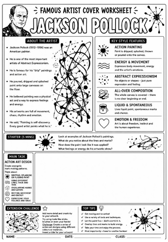 Jackson Pollock Cover Lesson | KS3 Art Cover Work Worksheet | Action Art Design Activity