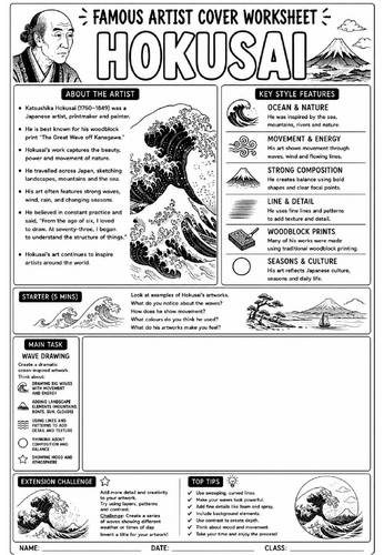 Hokusai Cover Lesson | KS3 Art Cover Work Worksheet | Wave Drawing Activity