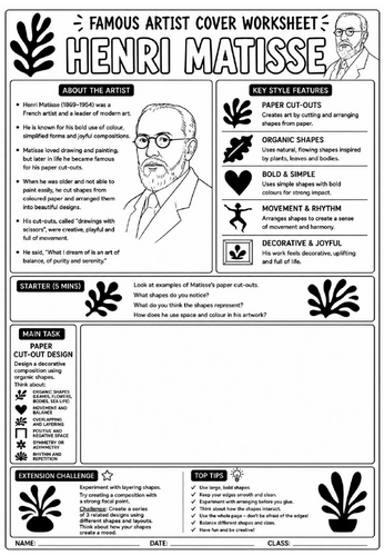 Henri Matisse Cover Lesson | KS3 Art Cover Work Worksheet | Paper Cut-Out Design Activity