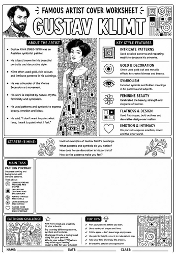 Gustav Klimt Cover Lesson | KS3 Art Cover Work Worksheet | Pattern Portrait Drawing Activity