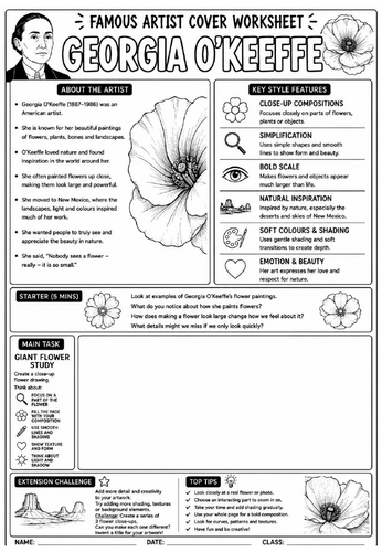 Georgia O'Keeffe Cover Lesson | KS3 Art Cover Work Worksheet | Giant Flower Study Drawing Activity