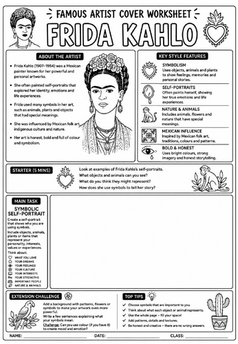 Frida Kahlo Cover Lesson | KS3 Art Cover Work Worksheet | Symbolic Self-Portrait Drawing Activity