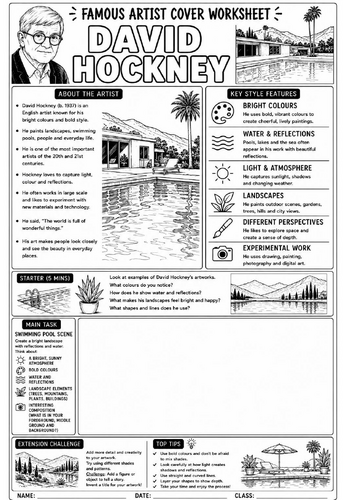 David Hockney Cover Lesson | KS3 Art Cover Work Worksheet | Swimming Pool Scene Drawing Activity