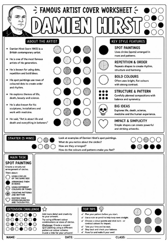 Damien Hirst Cover Lesson | KS3 Art Cover Work Worksheet | Spot Painting Design Activity