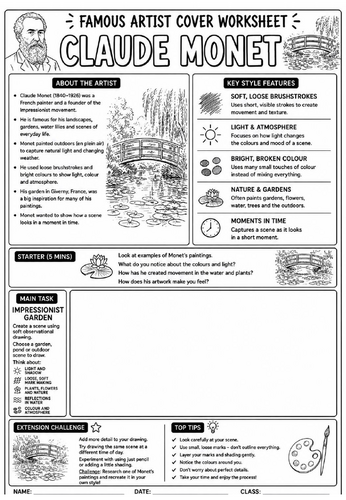 Claude Monet Cover Lesson | KS3 Art Cover Work Worksheet | Impressionist Garden Drawing Activity