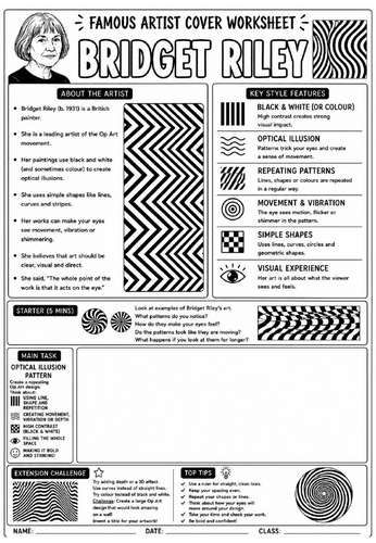 Bridget Riley Cover Lesson | KS3 Art Cover Work Worksheet | Optical Illusion Pattern Design Activit