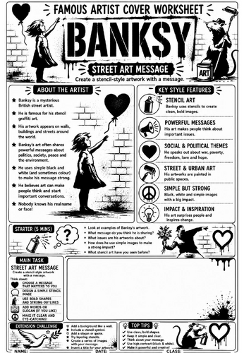 Banksy Cover Lesson | KS3 Art Cover Work Worksheet | Street Art Message Design Activity