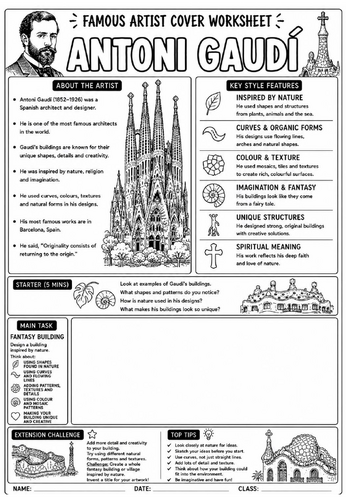 Antoni Gaudí Cover Lesson | KS3 Art Cover Work Worksheet | Fantasy Building Design Activity