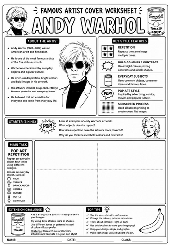 Andy Warhol Cover Lesson | KS3 Art Cover Work Worksheet | Pop Art Repetition Design Activity