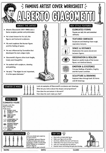 Alberto Giacometti Cover Lesson | KS3 Art Cover Work Worksheet | Elongated Figure Drawing Activity