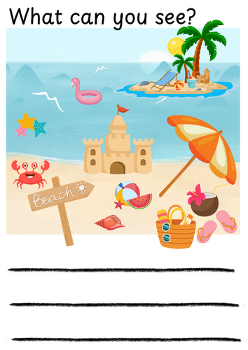 Summer beach theme What can you see? Writing prompt for independent, intervention or whole class