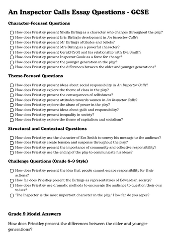 Answer Bank and Model Grade 9 Answers for An Inspector Calls