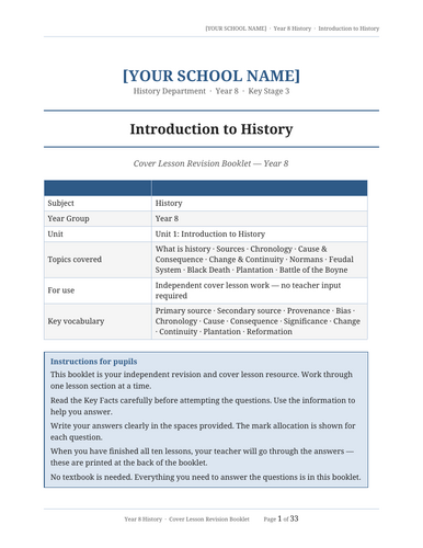 Year 8 History Cover Lesson Revision Booklet — Introduction to History (term 1)