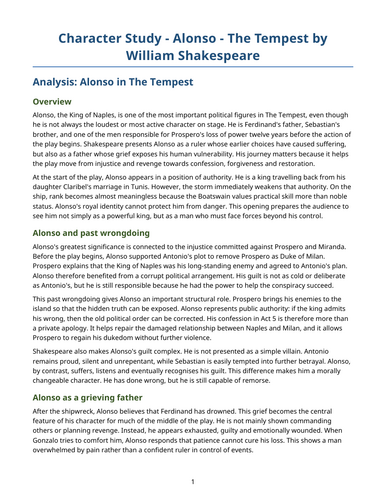 The Tempest – William Shakespeare – Character Study: Alonso
